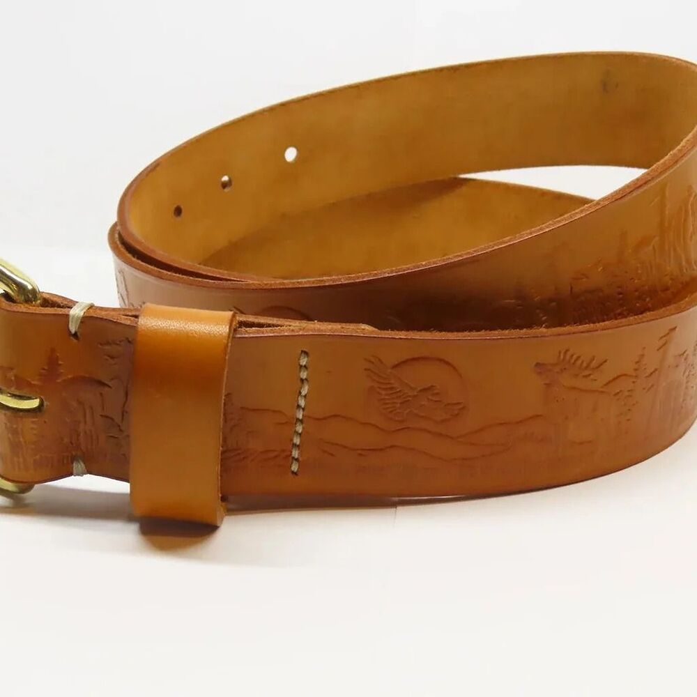 37" Handmade 100% cow hide brown leather belt embossed bears eagles deer trees B